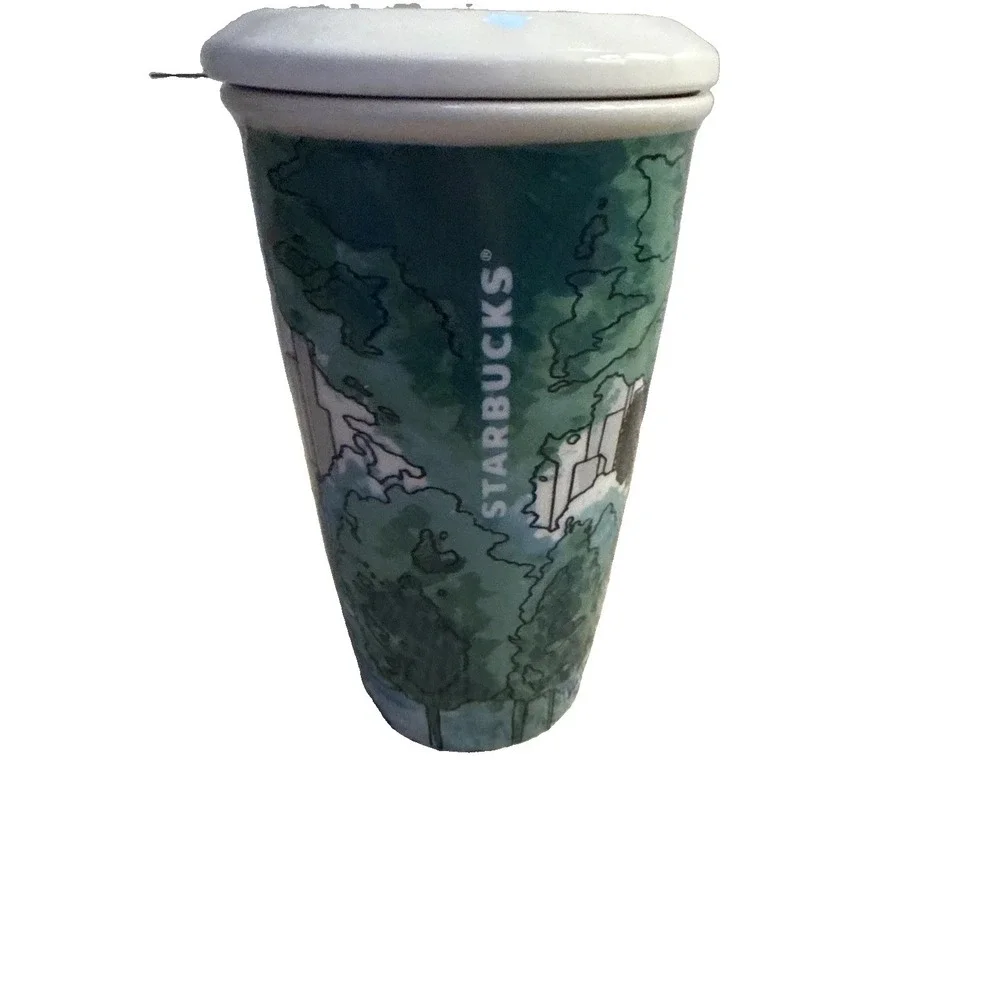 Starbucks NYC Central Park Skyline 12 OZ Ceramic Travel Tumbler 2017 Lid/Tea